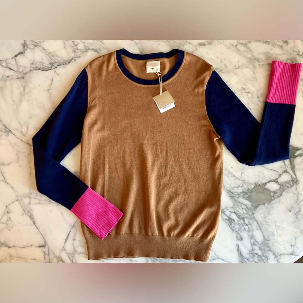 NWT Shopbop HEARTMADE Julie Fagerholt Kyrit Colorblock Sweater L Camel/Navy/Pink - Picture 7 of 16